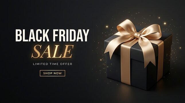 Black Friday Sale promotional banner with a single elegant black gift box tied with a gold ribbon, offering a limited-time offer and shop now button