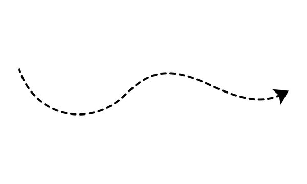 Dashed arrow pointing right with a gentle curved path indicating forward motion or a smooth trajectory on an empty white backdrop for visual aids.