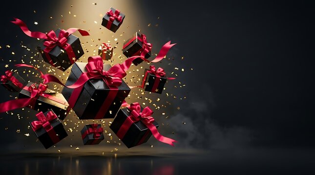 Dynamic explosion of black and red gift boxes with satin ribbons and golden confetti, creating a sense of excitement and abundance for a Black Friday sale event