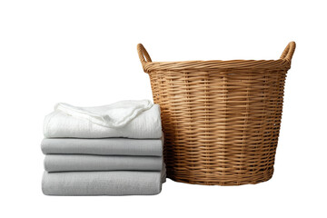 Obraz premium Wicker laundry basket with folded gray linens