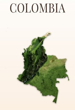 Colombia Shaded Relief Map. Hillshaded physical terrain map illustration. Light background with title. Illustration elements derived from NASA Imagery and NASADEM Global Elevation Model.