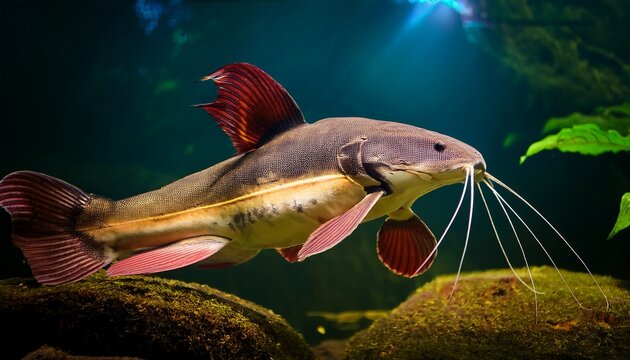 underwater photography of the red tail catfish phractocephalus hemiliopterus this tropical fish is native to the amazon orinoco and essequibo river basins of south america