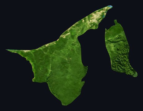 Brunei Shaded Relief Map. Hillshaded physical terrain map illustration. Brunei elevation, topography, and landforms. Illustration elements derived from NASA Imagery and NASADEM Global Elevation Model.
