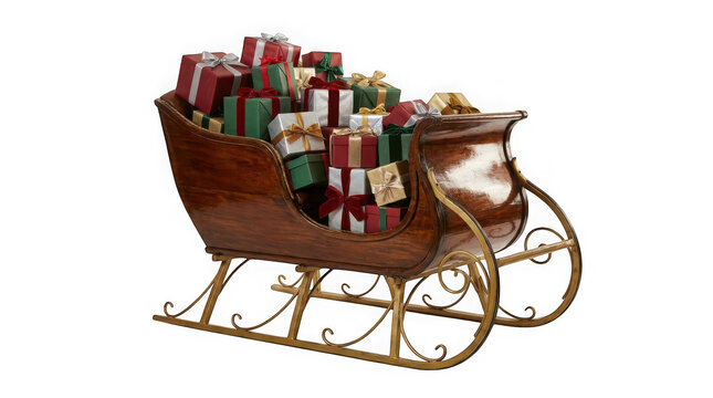 Decorative wooden christmas sleigh filled with wrapped gift boxes isolated on transparent background