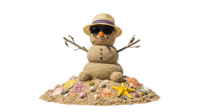 Funny sandman snowman wearing sunglasses and a straw hat on a mound of sand with sea shells isolated on transparent background