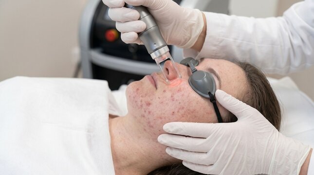Close up of laser skin therapy on woman acne prone face