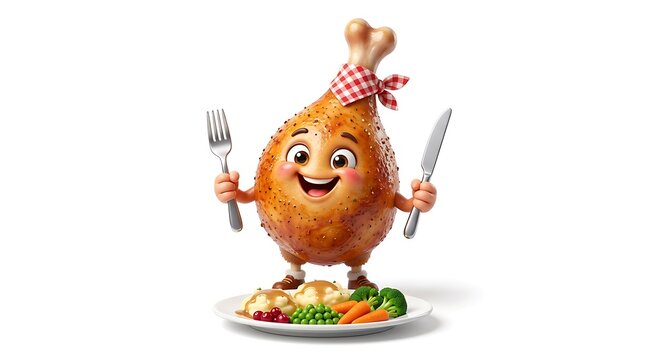 Cute cartoon chicken leg character with fork, knife, and dinner plate