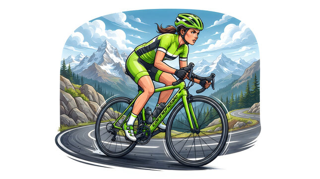 Cyclist in green racing suit riding road bike on mountain road with city view