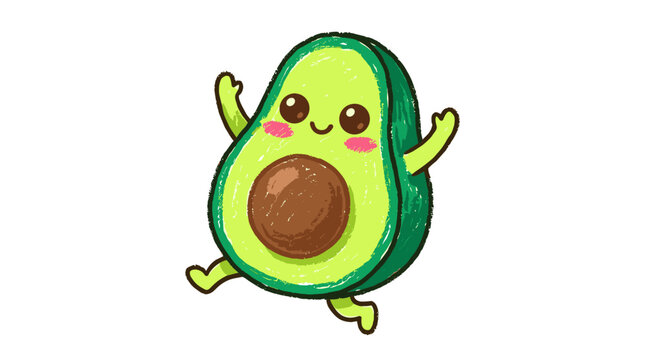 Happy dancing avocado character with arms and legs raised high in joyful celebration pose