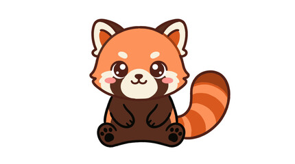 Fototapeta premium Kawaii red panda illustration with striped tail and dark brown body on plain white ground