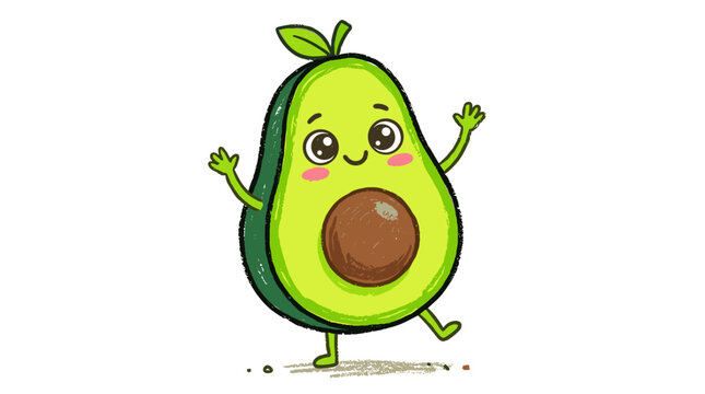 Cute dancing avocado character with smiling face vector illustration for healthy eating