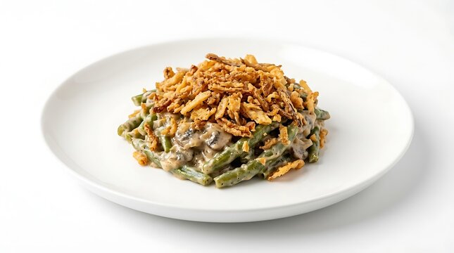 Delicious creamy green bean casserole with crispy onions on white plate
