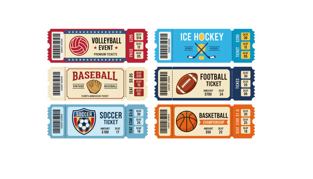 Vintage sports match admission entry tickets collection with soccer baseball football basketball volleyball and hockey labels vector