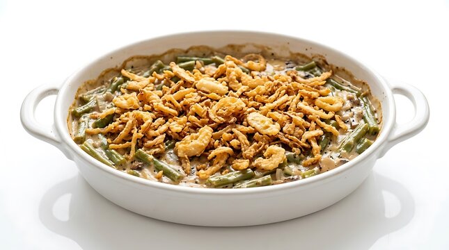 Classic Green Bean Casserole with Crispy Fried Onions on White Background