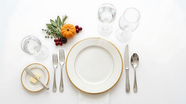 Elegant Holiday Table Setting with Garnish on White Background, Top View