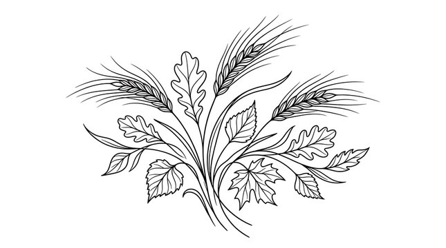 Stylized Line Art with Wheat, Oak, Birch, and Maple Leaves on White