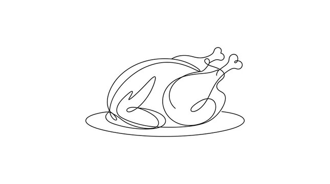 Continuous One Line Drawing Roasted Turkey Holiday Dinner Celebration Feast