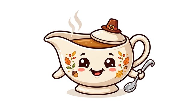Cute Cartoon Gravy Boat with Pilgrim Hat and Autumn Leaves Design