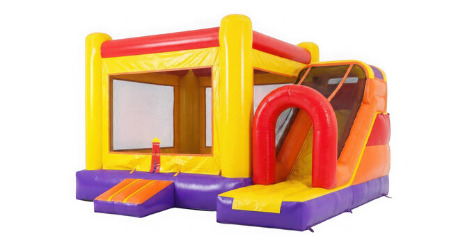Colorful inflatable bounce house with slide isolated on transparent background