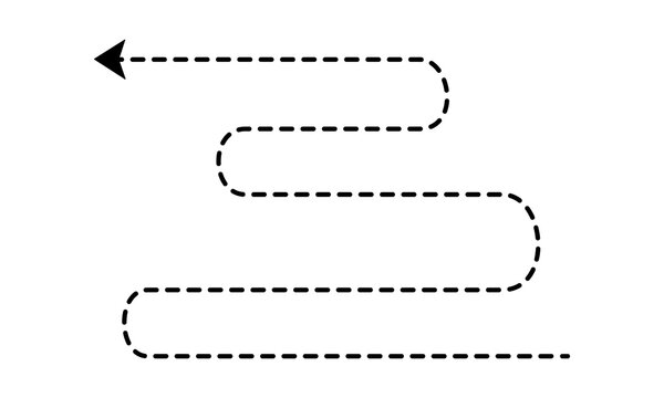 Dashed arrow pointing left with zig zag path indicating direction or movement across white background for design elements and conceptual graphics.