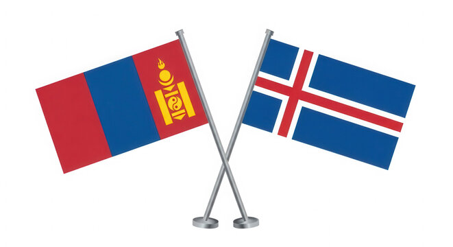 Crossed flags of Mongolia and Iceland representing international relations isolated on transparent background