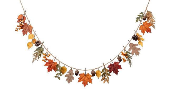 Festive autumn leaf garland with vibrant fall colors isolated on transparent background