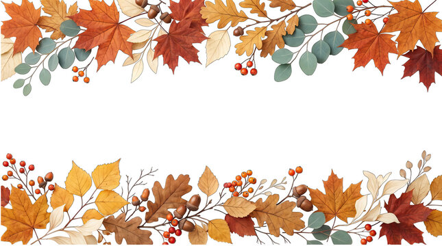 Autumn leaves border arrangement with vibrant fall colors isolated on transparent background