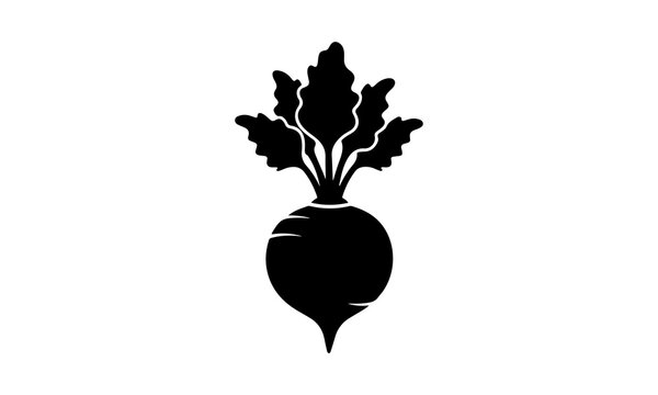 Minimalist black silhouette icon of a fresh organic beet with leafy greens isolated on white background