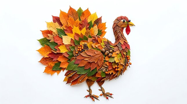 Autumn Leaf Turkey Art on White Background, Seasonal Decoration