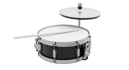 Obraz premium Black snare drum with a metal cymbal and a wooden drumstick isolated on transparent background