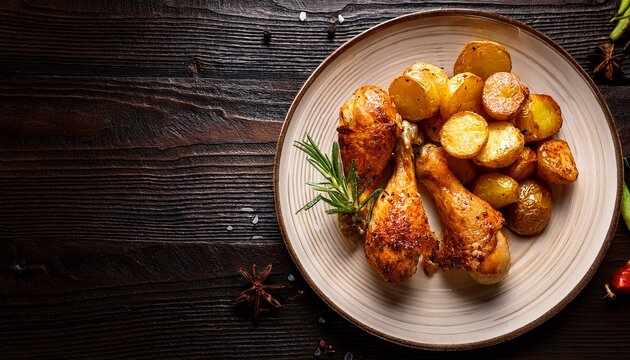 oven roasted chicken drumsticks accompanied by crisp and seasoned potatoes