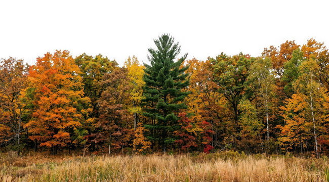 Autumn forest landscape with vibrant fall foliage and a tall evergreen pine tree isolated on transparent background