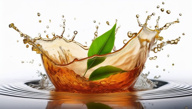realistic transparent isolated splash of tea with green leaves and drops a splash in the form of a crown