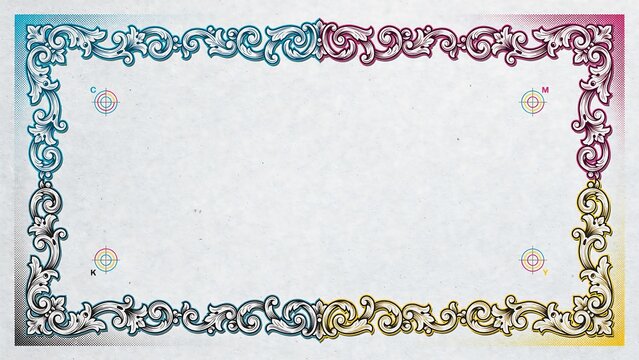 Vibrant CMYK color printing test page featuring intricate ornate vintage floral baroque decorative scrollwork border frame with registration marks on paper.