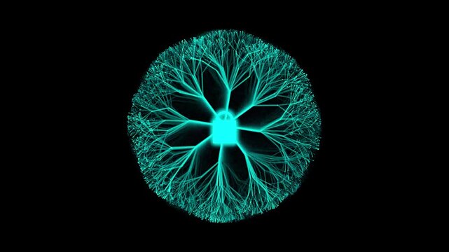Cyan digital lock glowing with neural network tree branches on black background loop.