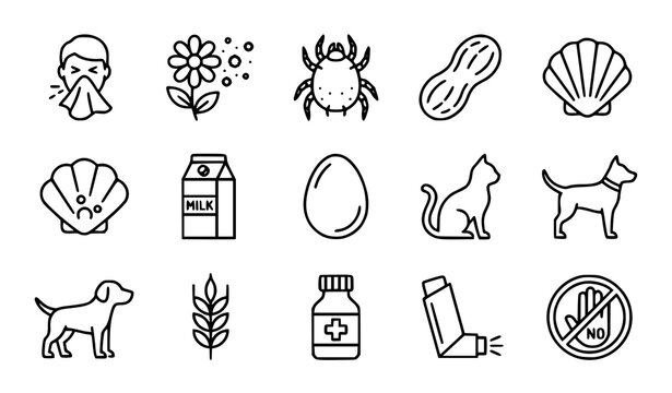Medical allergy and food allergen line icon set with dust mite pollen pet dander and asthma elements