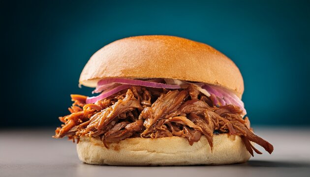 pulled pork sandwich on a soft bun with a plain background