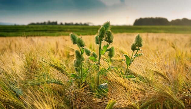tares in the wheat green thorny weed growing amidst stalks in a field ready for harvest
