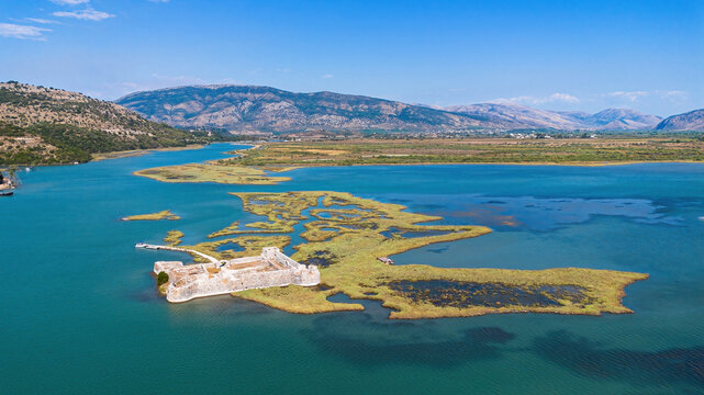 Aerial view of the historic Ali Pasha Castle situated at the mouth of the Vivari Channel near Butrint and Ksamil in Albania