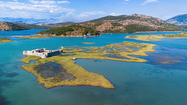 Aerial view of the historic Ali Pasha Castle situated at the mouth of the Vivari Channel near Butrint and Ksamil in Albania