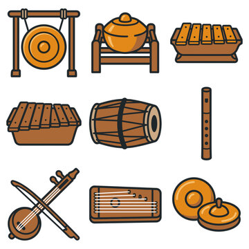 Traditional Indonesian gamelan music instruments icon set design