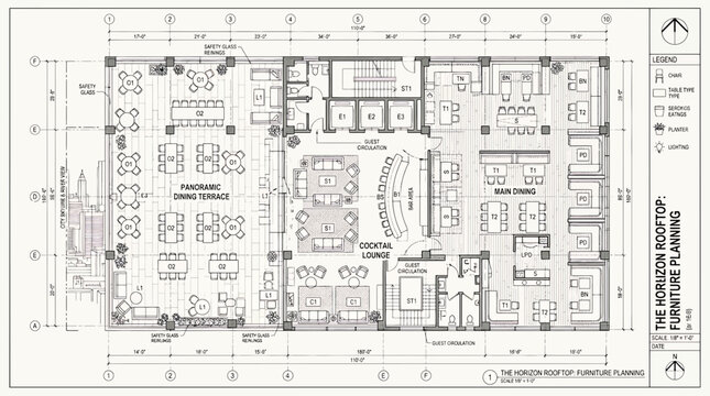 Architectural floor plan of a luxury rooftop restaurant and bar featuring a panoramic dining terrace, cocktail lounge, and main dining area