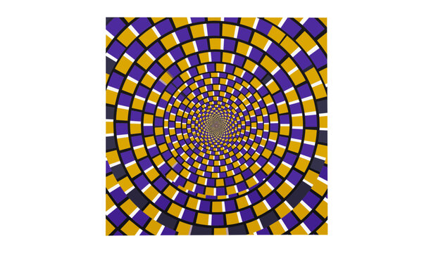 Optical illusion background with purple and yellow concentric circles creating a spinning motion effect abstract vector illustration