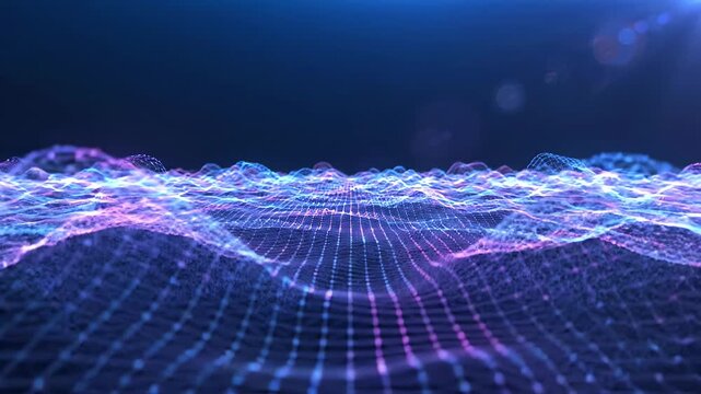Purple and blue wireframe digital landscape grid.