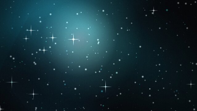 Deep teal and dark blue nebula background, with a soft, glowing center and, scattered white stars, with sparkling light, flares in deep space