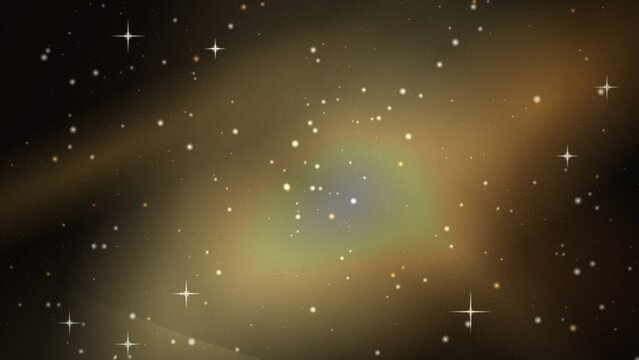Golden brown space background, with a soft, glowing light center, featuring scattered white, stars and sparkling, cross-shaped flares in, the void