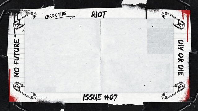 Edgy punk rock zine layout template with safety pins, distressed torn paper textures, aggressive typography, and bold contrast for rebellious creative graphic.