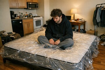 Fototapeta premium A person sits on a bed surrounded by plastic sheets, likely due to renovation or cleaning