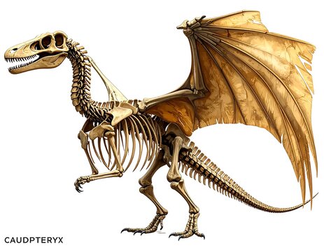 Caudipteryx dinosaur fossil skeleton display.