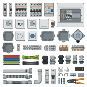 Electrical Installation Components and Wiring Tools Vector Set